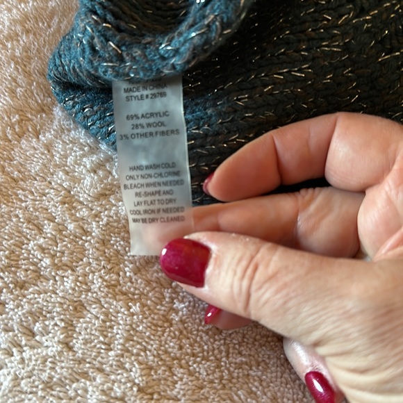 Soft Surroundings Teal Cable-Knit Scoop Neck Sweater with Metallic Thread - Picture 4 of 4